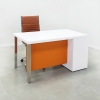 Dallas Straight Executive Desk With Cabinet and Laminate Top in white gloss laminate top and cabinet, and orange laminate privacy panel, with brushed aluminum legs shown here.