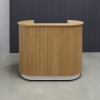 The Pill Custom Reception Desk in red oak veneer top, red oak veneer tambour front panel and white matte laminate desk and toe-kick shown here.