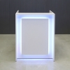 New York U-Shape Podium & Host Custom Desk in white gloss laminate desk and front panel, with multi-colored LED shown here.