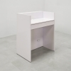 New York U-Shape Podium & Host Custom Desk in white gloss laminate desk and front panel, with multi-colored LED, sitting side view shown here.