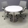 36-inch California Round Conference Table in white gloss laminate top and silver stainless steel base shown here.