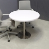 36-inch California Round Conference Table in white gloss laminate top and silver stainless steel base shown here.