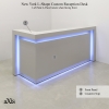 New York L-Shape Custom Reception Desk in folkstone gray matte laminate front panel, desk and workspace, with multi-colored LED shown here.