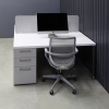 Dallas Custom Workstation with Storage in White Gloss Laminate Top & Storages, Fog Gray Laminate Divider & FrontDrawers, with Brushed Stainless Legs shown here.