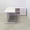 Aspen Executive Desk With Credenza and Engineered Stone Top in calcutta blanc top, white matte laminate credenza, with two pull out drawers, one file cabinet and one shelf & privacy panel, and white metal legs shown here.