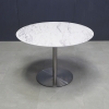42 inches California Round Conference Table in calcutta blanc engineered stone top and brushed stainless steel base shown here.