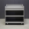 42-inch New Jersey Podium & Host Reception Desk in fog gray matte laminate main desk and white acrylics front panels shown here.