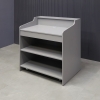 42-inch New Jersey Podium & Host Reception Desk in fog gray matte laminate main desk and white acrylics front panels shown here.