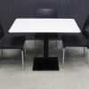 42-inch California Rectangular Conference/Meeting Table in white solid engineered stone top and black brushed stainless base shown here.