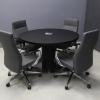 48-inch California Round Conference Table in black traceless laminate top and column, silver stainless steel base, with black nacre powerbox, shown here