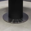48-inch California Round Conference Table in black traceless laminate top and column, silver stainless steel base, with black nacre powerbox, shown here