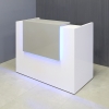 48-inch Chicago Reception Desk in storm gray gloss laminate high counter and white gloss laminate desk, with color LED shown here.