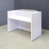 48-inch Chicago Reception Desk in storm gray gloss laminate high counter and white gloss laminate desk, with color LED shown here.