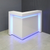 48-inch New York L-Shape Reception Desk in white gloss laminate counter, desk and front panel, with color LED shown here.