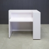 48-inch New York L-Shape Reception Desk in white gloss laminate counter, desk and front panel, with color LED shown here.