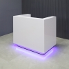 48-inch Dallas U-Shape Reception Desk in white gloss laminate desk and brushed aluminum toe-kick, with color LED shown here.