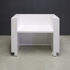 48-inch Dallas U-Shape Reception Desk in white gloss laminate desk and brushed aluminum toe-kick, with color LED shown here.