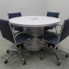 48-inch Newton Round Conference Table in white gloss laminate top and base, with MX3 powerbox shown here.
