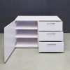 48 inches Naples Storage in white matte laminate storage, front drawers, door and shelfs shown here.