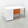 Dallas Straight Executive Desk With Cabinet and Laminate Top in white gloss laminate top and cabinet, and orange laminate privacy panel, with brushed aluminum legs shown here.