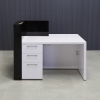 Atlanta Custom Reception Desk in black gloss countertop & base, white matte laminate front accent and workspace, with built-in cabinet with two pencil drawers and one file cabinet, seating side view shown here.