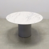Aurora Round Conference Table With Engineered Stone Top in calcutta blanc top and fog gray matte laminate base shown here.