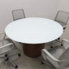 Omaha Round Conference Table With Tempered Glass Top in white top and walnut heights laminate base shown here.