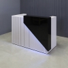 Miami Custom Reception Desk in black gloss laminate counter, white gloss laminate grooved front panel and desk, with color LED shown here.