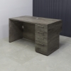 Atlanta Base Reception Desk in Concrete Laminate - 60 inches, one grommet hole, and built-in storage with three pencil drawers and one file cabinet shown here.