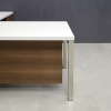 60-inch Dallas L-Shape Executive Desk W/ Cabinet in dover off-white laminate top, walnut veneer cabinet & privacy panel with brushed aluminum legs shown here.