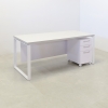 Aspen Straight Executive Desk With Laminate Top in folkstone gray matte laminate top, white matte privacy panel, and white metal legs, sitting view shown here.