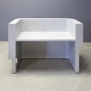 60-inch Nola Curved Custom Reception Desk in folkstone gray matte laminate counter & inside desk, and white tambour front desk, with warm white LED, shown here.