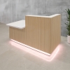 Dallas ADA Compliant Counter Reception Desk desk counter right side when facing front in maple tambour and white matte laminate workspace and brushed aluminum toe-kick, with white LED shown here.