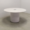 Aurora Round Conference Table With Engineered Stone Top in solenne marble top and white gloss laminate base with one ellora power box shown here.