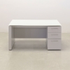 Denver Straight Executive Desk With Cabinet and Tempered Glass Top, right side cabinet when sitting, in white top and folkstone matte laminate base & storage, and privacy panel shown here.