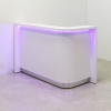 60 inches Austin L-Shape Reception Desk, right side l-panel when facing front, in white gloss laminate counter, desk and front panel, brushed aluminum toe-kick and color LED shown here.