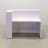 60 inches Austin L-Shape Reception Desk, right side l-panel when facing front, in white gloss laminate counter, desk and front panel, brushed aluminum toe-kick and color LED shown here.