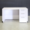 60-inch Houston Reception Desk in white gloss laminate main desk and brushed aluminum toe-kick, with built-in cabinet on right side when sitting, shown here.