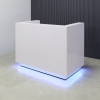 60 inches Dallas U-Shape Reception Desk in white gloss laminate, with multi-colored LED shown here.
