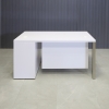 60-inch Dallas Straight Executive Desk W/ Cabinet on right side when sitting, in white gloss laminate on top, cabinet & privacy panel, and brushed aluminum legs shown here.