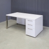 60-inch Dallas Straight Executive Desk W/ Cabinet on right side when sitting, in white gloss laminate on top, cabinet & privacy panel, and brushed aluminum legs shown here.