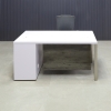 Dallas Straight Executive Desk With Cabinet and Laminate Top in white matte laminate top and cabinet, and concrete pvc privacy panel, with brushed aluminum legs shown here.