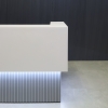 60-inch San Francisco U-Shape Reception Desk in white matte laminate counter, fog gray matte laminate inside the desk, and fog gray matte tambour on the front base, with white LED shown here.