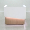 Nola Curved Custom Reception Desk in white matte laminate counter and white oak tambour bottom, with white LED shown here.