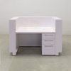 60 inches Dallas U-Shape Reception Desk in white matte laminate and brushed aluminum toe-kick, no LED, cabinet on right side when sitting shown here.