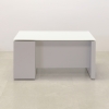 Denver Straight Executive Desk With Cabinet and Tempered Glass Top, right side cabinet when sitting, in white top and folkstone matte laminate base & storage, and privacy panel shown here.