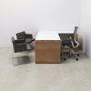 Denver L-Shape Executive Desk With Cabinet and Tempered Glass Top, right side return & cabinet when sitting, in white top and walnut heights laminate base & storage, and privacy panel shown here.