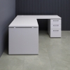 60-inch Denver L-Shape Executive Desk With Cabinet and Laminate Top, right return & cabinet side when sitting, in white matte laminate top, base, storage and privacy panel, shown here.