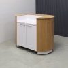 54-inch The Pill Podium & Host Custom Desk in white oak veneer top & front desk, with white matte laminate inside desk and toe-kick. Two doors and adjustable shelf, and set of 4 wheels added, shown here.