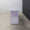 Windsor Tempered Glass Bar Table in baby blue top and white gloss laminate base finish shown here.